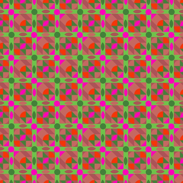 Patrón de caleidoscopio de muchos colores sin costuras. Fondo verde rojo repetitivo colorido. Estampado ornamental