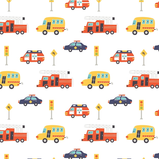 Patrón con camión de bomberos, ambulancia, policía y señales de tráfico. Papel digital de vivero, vector ilustración dibujada a mano