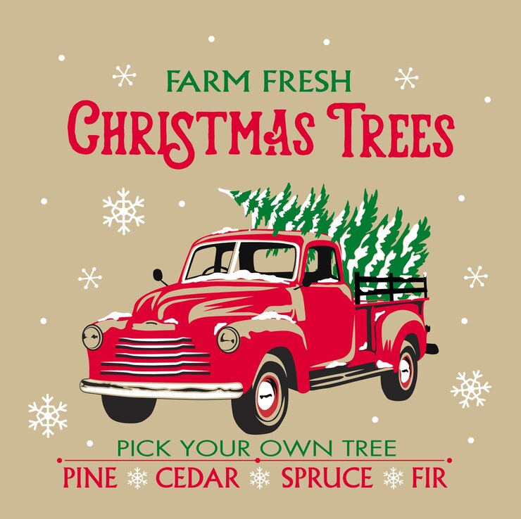 Vector patrón de camión rojo vintage de navidad con diseño de vector de árbol de navidad-navidad