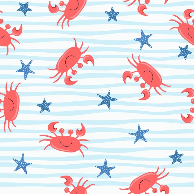 Patrón de cangrejo lindo inconsútil dibujos animados dibujados a mano garabatos de animales vector ilustración fondo