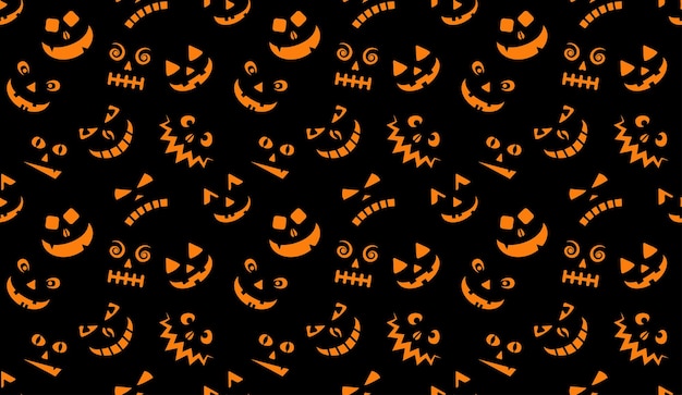 patrón de cara aterradora fondo de Halloween patrón sin costura con dibujos animados rostros de fantasmas aterradores sobre fondo negro
