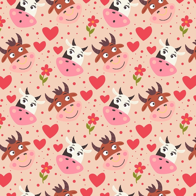 Patrón de cara linda de toro de vaca con flor y corazón. Papel digital de San Valentín con lindos animales. Papel de regalo infantil repetible para enamorados. Impresión de vacaciones de vector sobre fondo beige