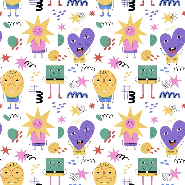 Patrón de caracteres geométricos abstractos Figuras básicas caras lindas piernas y manos impresión divertida Criaturas modernas Textura sin costuras Decoración textil envoltura papel tapiz vector dibujos animados garabato ilustración