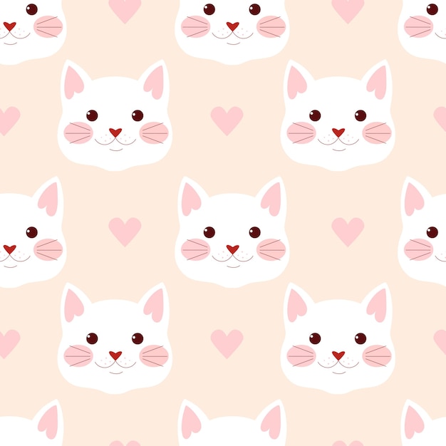 Patrón de caras de gato con corazones de color rosa sobre fondo crema Patrón de vector de gatos blancos de dibujos animados