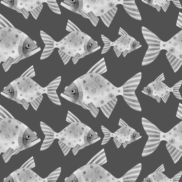 Un patrón de carpas grises Patrón gráfico sin costuras de una bandada de peces grises Pesca de carpa Textura dibujada a mano del adorno sobre un fondo negro Para tarjetas de sitios de papel tapiz de embalaje textil