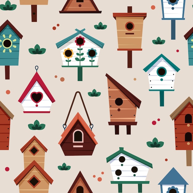 Patrón de casa de pájaros para techos casa de madera para pájaros que vuelan chirridos gorriones imágenes para proyecto de diseño textil Vector fondo plano sin costuras