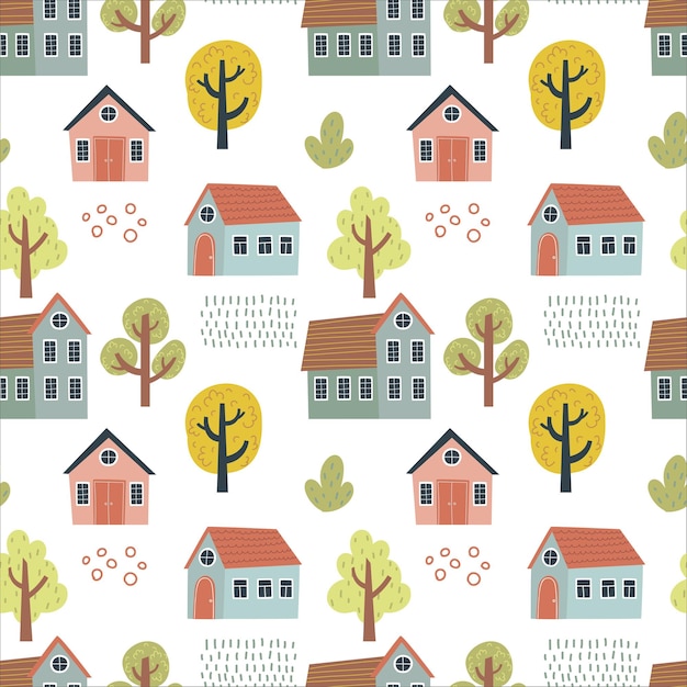 Patrón con casas lindas para el diseño de los niños Ilustración de vector dibujado a mano