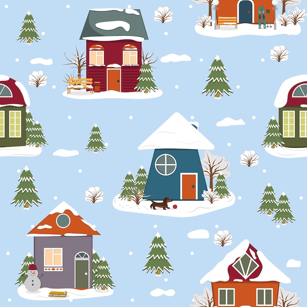 Patrón de casas de Navidad de invierno, Ilustración de vector de color.
