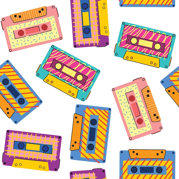 Patrón de casete retro Seamless vintage memphis 90s fiesta patrón música audio casete analógico 80s estéreo audiocassette vector fondo Casete sin costura melodía casette analógico