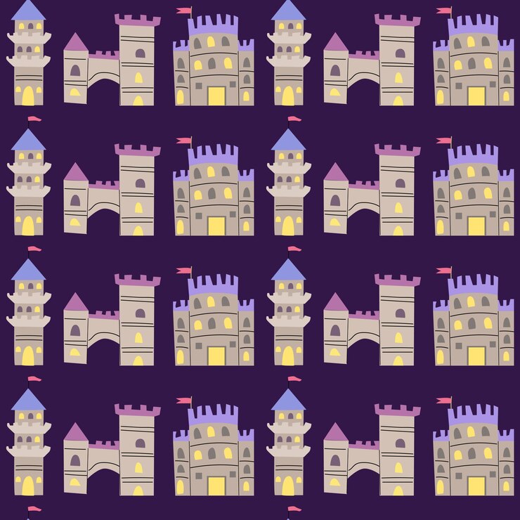 Vector patrón de castillo infantil fondo del edificio de hadas de dibujos animados