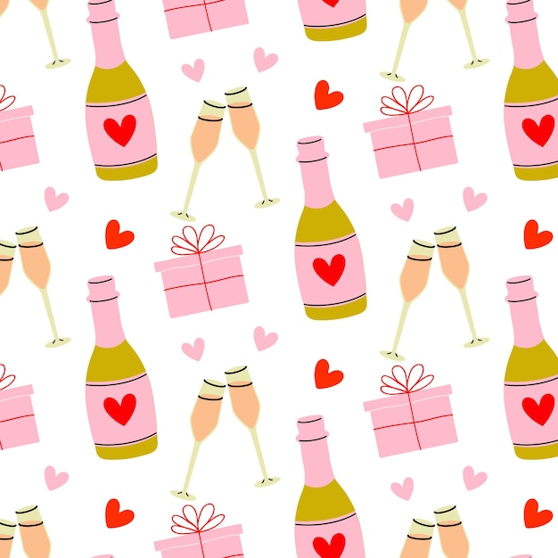 Patrón de celebración con botellas de champán, copas, corazones y regalos para ocasiones festivas