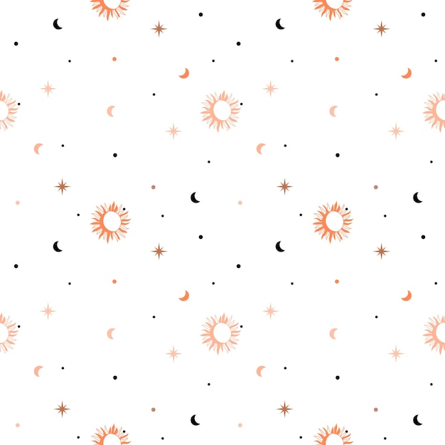 Patrón celeste sin costuras con luna creciente y sol y estrellas fondo mágico boho