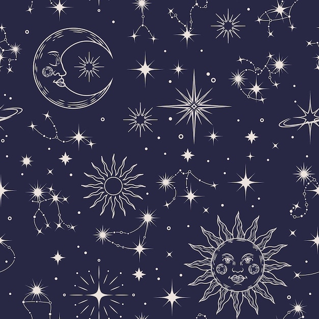 El patrón celeste, la textura de la constelación, el zodiaco, la astrología, la luna mágica, el fondo, la impresión sin costuras, el sol, el círculo de brujería vintage, la decoración, el envoltorio textil, el papel tapiz, el vector, la galaxia esotérica.
