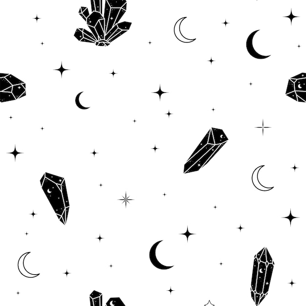 Patrón celestial sin costuras con lunas, estrellas y cristales Ilustración de vector místico en blanco y negro