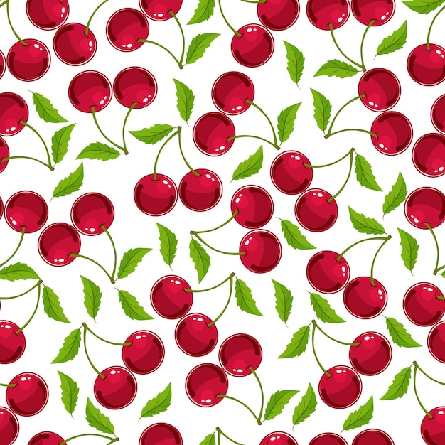Patrón de cereza fresca con hojas verdes Diseño vectorial sin costuras