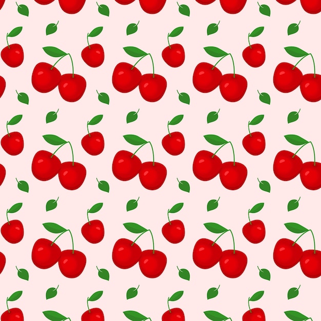 Patrón de cerezas con hojas verdes sobre un fondo rosa.
