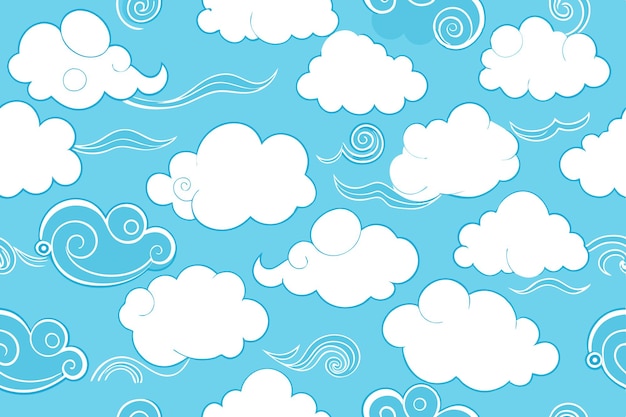 Patrón de cielo sin costuras con nubes blancas de dibujos animados y viento remolino sobre un fondo azul claro