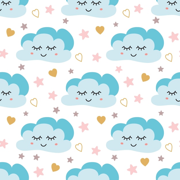 Patrón de cielo lindo diseño vectorial sin costuras con luna dormida sonriente corazones estrellas nubes ilustración de bebé patrón de impresión de cielo para niños fondo de pantalla infantil plantilla de pijama de noche diseño de tela