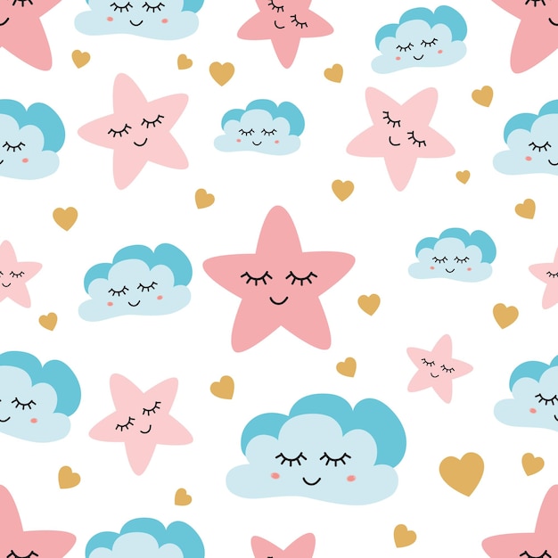 Patrón de cielo lindo diseño vectorial sin costuras con luna dormida sonriente corazones estrellas nubes ilustración de bebé patrón de impresión de cielo para niños fondo de pantalla infantil plantilla de pijama de noche diseño de tela