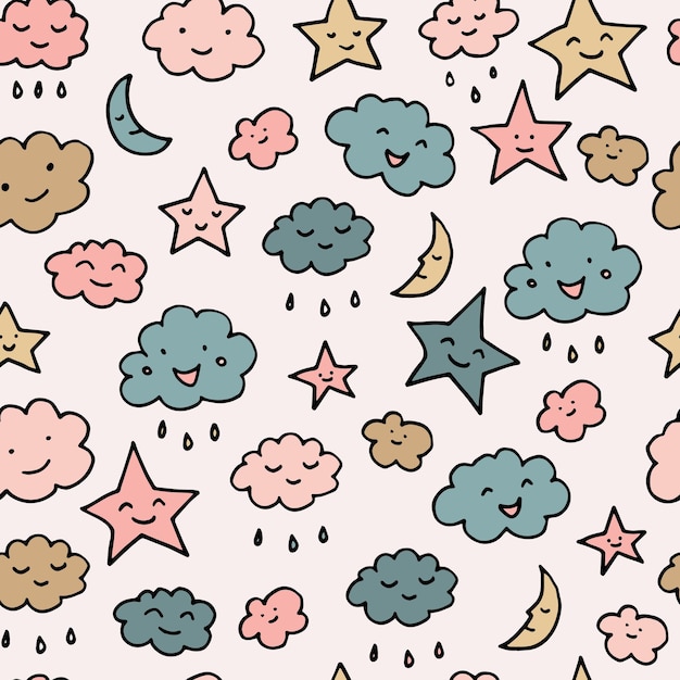 Patrón de cielo lindo. Ilustración de vector transparente con luna sonriente, dormir, estrellas y nubes. Ilustración de bebé.