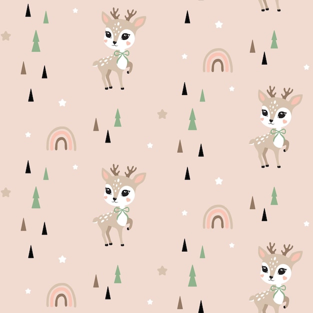 Vector patrón ciervo bonito retrato sonrisa cara pequeño pequeño renos orejas nariz bosque animal arco cara llena fl