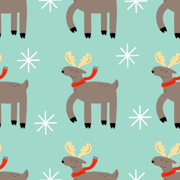 Patrón de ciervos de Navidad de invierno lindo en estilo de dibujos animados en vector.