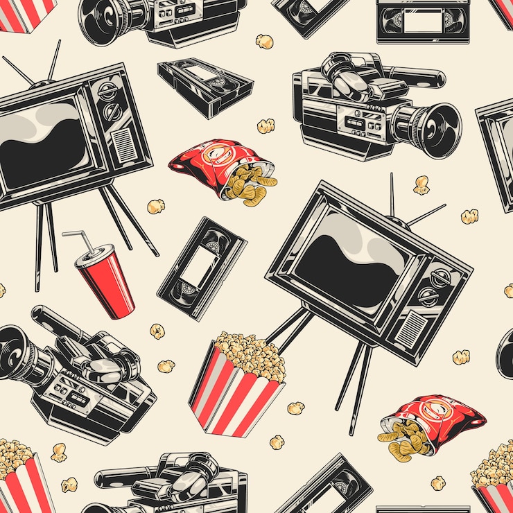 Vector patrón de cine retro con palomitas de maíz y cámaras