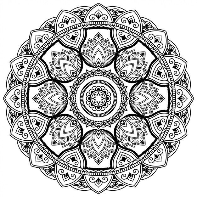 Patrón circular en forma de mandala con flor para Henna, Mehndi, tatuaje, decoración. Adorno decorativo en estilo étnico oriental. Esquema doodle mano dibujar ilustración.