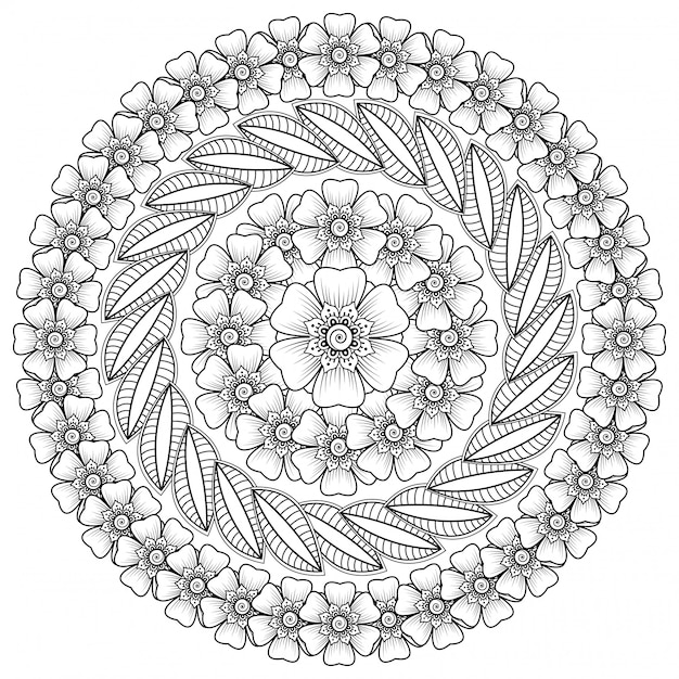 Patrón circular en forma de mandala con flor para henna, mehndi, tatuaje, decoración. Decoración de flores mehndi en estilo étnico oriental, indio.