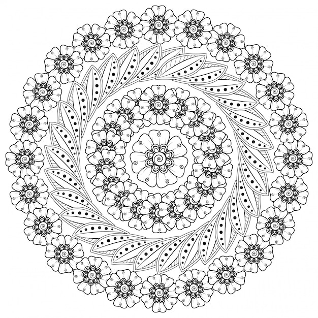 Patrón circular en forma de mandala con flor para henna, mehndi, tatuaje, decoración.