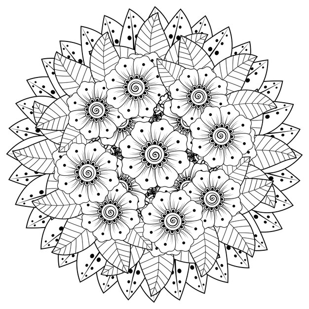 Patrón circular en forma de mandala con flor en la página del libro de colorear de estilo étnico oriental