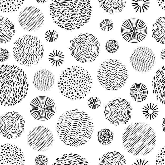 Patrón de círculo blanco y negro dibujado a mano, sin costuras, estilo Doodle, abstracto, texturizado, garabateado, despojado, patrón de elemento de círculo de puntos, fondo monocromo, ilustración vectorial