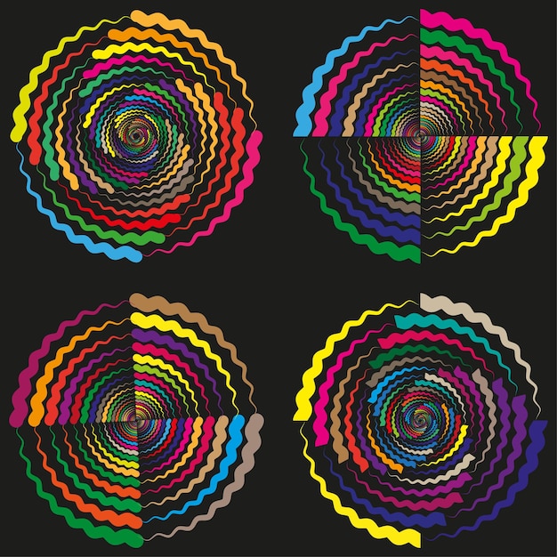 Patrón de círculo ondulado Diseño de espiral brillante Arte óptico multicolor Forma hipnótica vectorial