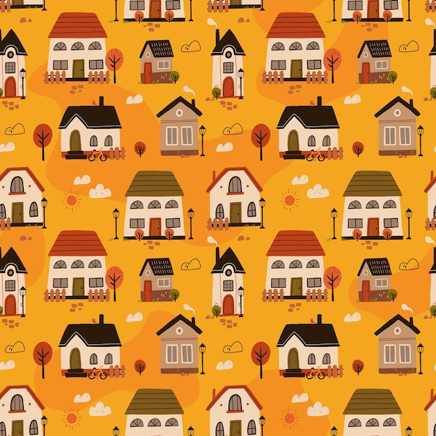 Patrón de ciudad escandinava sin fisuras Fondo sin fin con lindas casas pequeñas árboles de otoño Impresión repetitiva de casas dulces en estilo nórdico Scandi Textura repetible Ilustración de vector plano coloreado