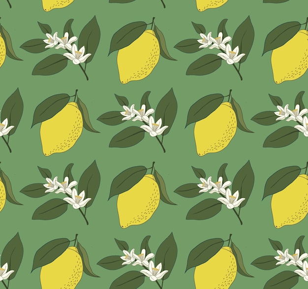 Patrón clásico sin fin de limones y flores de limón sobre fondo turquesa Diseño de superficie vívida y sin costuras para imprimir en papel y textiles y para decoración