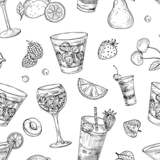 Patrón de cócteles. Bosquejo de bebidas y frutas de fondo. Bebidas dibujadas a mano textura transparente de vector. Ilustración cóctel bebida bebida, dibujo de patrones sin fisuras