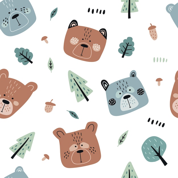 Patrón de color dibujado a mano vectorial con caras de oso lindo hojas de árboles en estilo escandinavo