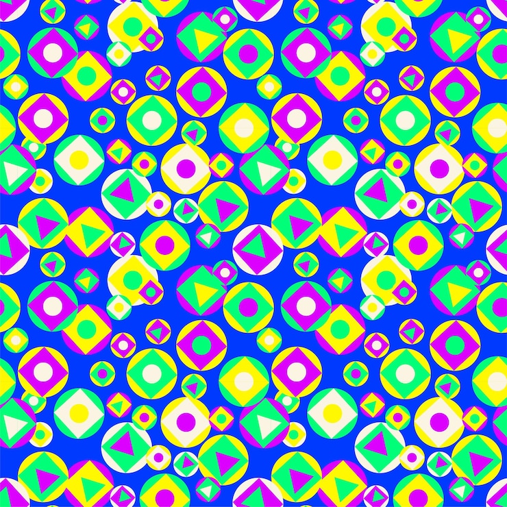 patrón de color geométrico círculos cuadrados triángulos, rojo, amarillo, azul