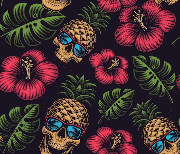 Patrón de color transparente sobre el tema hawaiano con calavera de piña sobre fondo oscuro