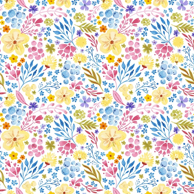 Patrón de colores brillantes de elementos florales de acuarela Rabia de colores en un prado de flores