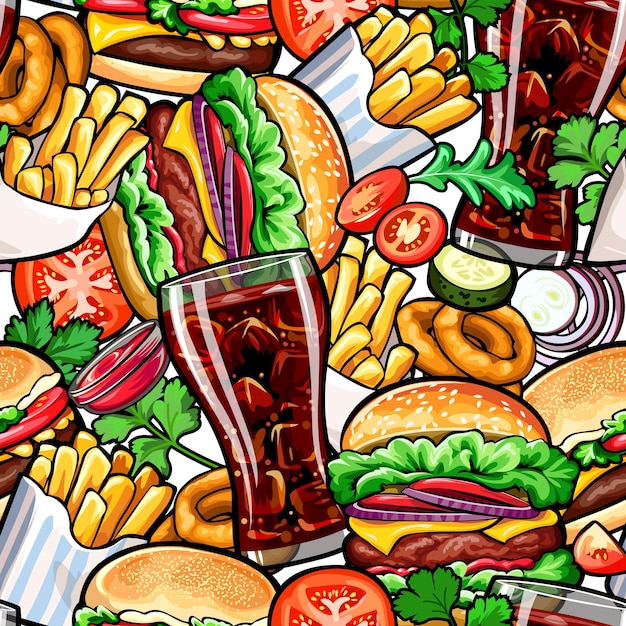 Patrón de colores transparente con comida rápida