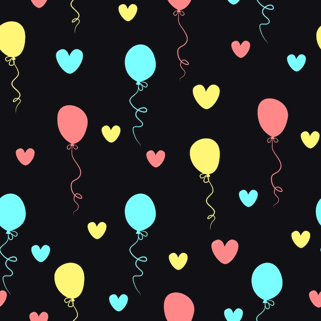 Patrón de colores de vector con globos de dibujos animados de colores y corazones sobre un fondo negro