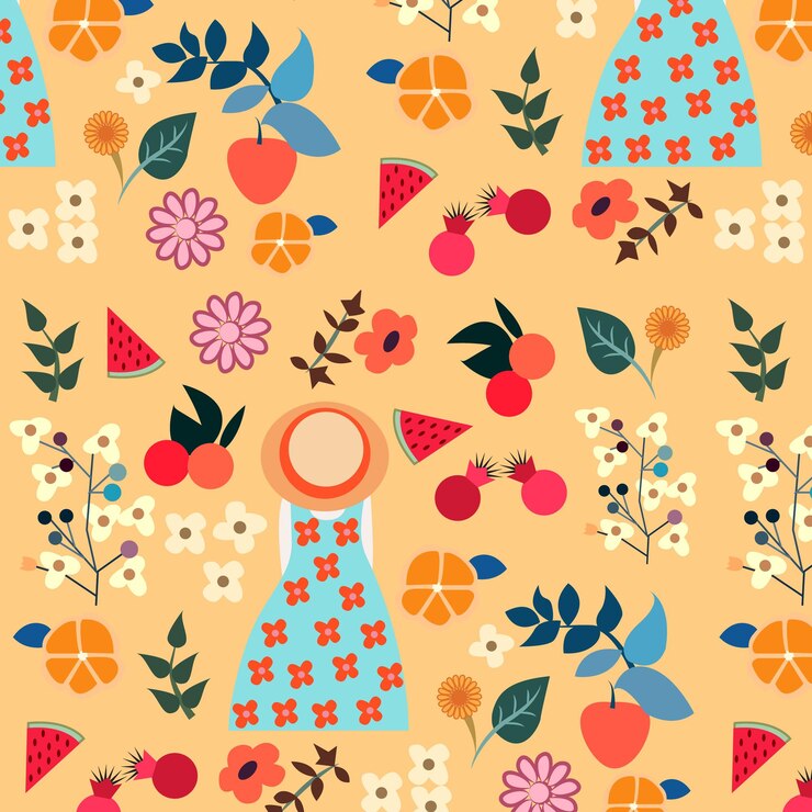 Patrón de colores para el verano con fruta niña vestido flor sombrero naranja
