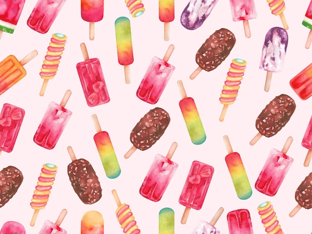 El patrón de las coloridas paletas de helado acuarela