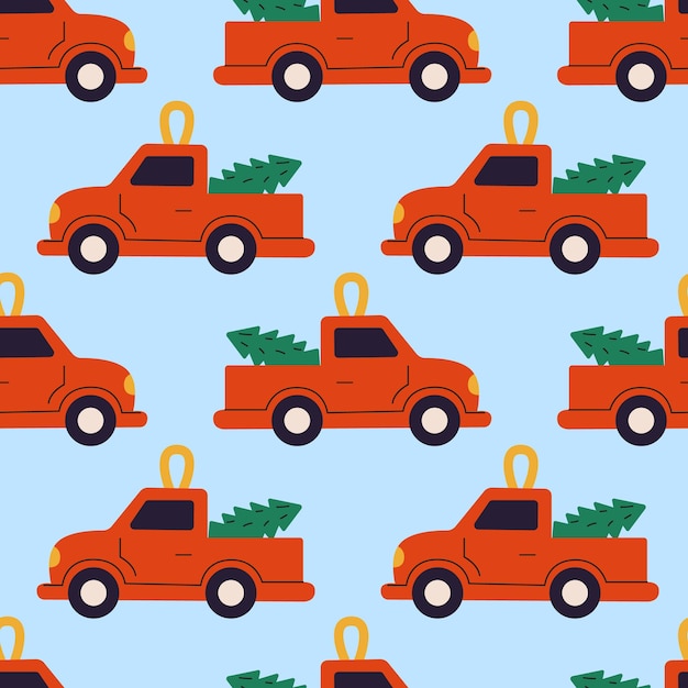 Un patrón colorido de camiones que llevan árboles de Navidad contra un fondo azul claro