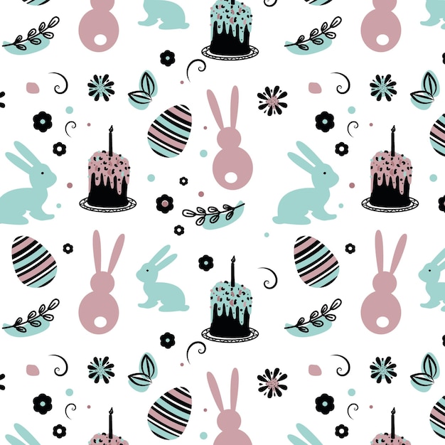 Un patrón colorido con conejitos y un pastel.