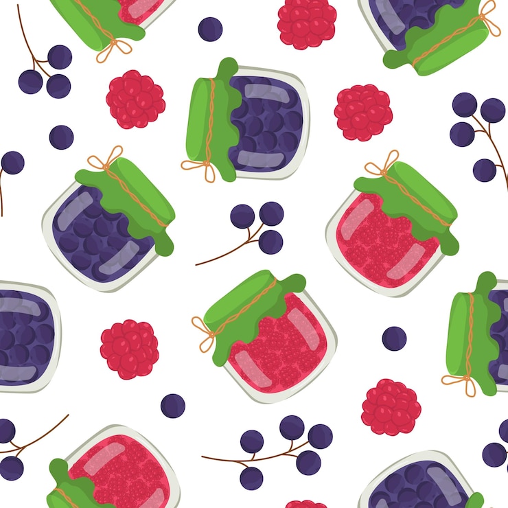 Vector patrón colorido sin costuras con bayas enlatadas caseras frasco de vidrio con mermelada de frambuesa y grosella