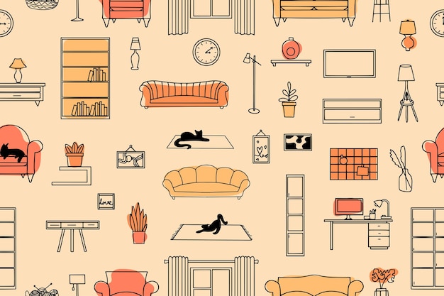 Patrón colorido sin costuras de muebles para el hogar y artículos de decoración Íconos interiores en estilo doodle uso para diseño de tela o papel tapiz Ilustración vectorial