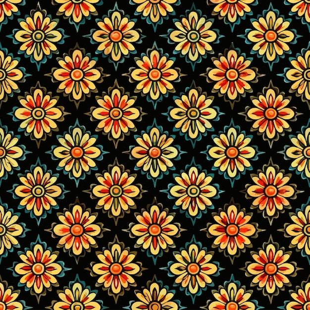 un patrón colorido de flores en un fondo negro