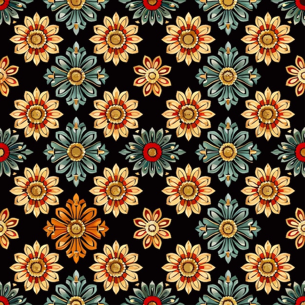 un patrón colorido de flores en un fondo negro